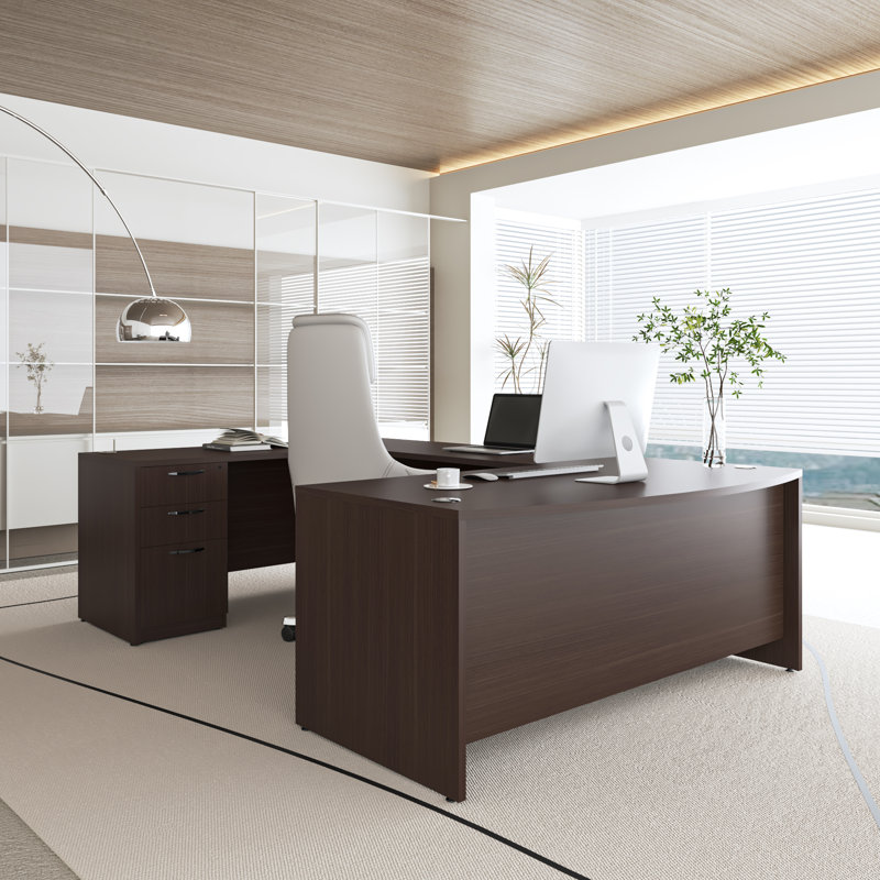 U-Shaped Executive Desk With File Cabinet, Brown