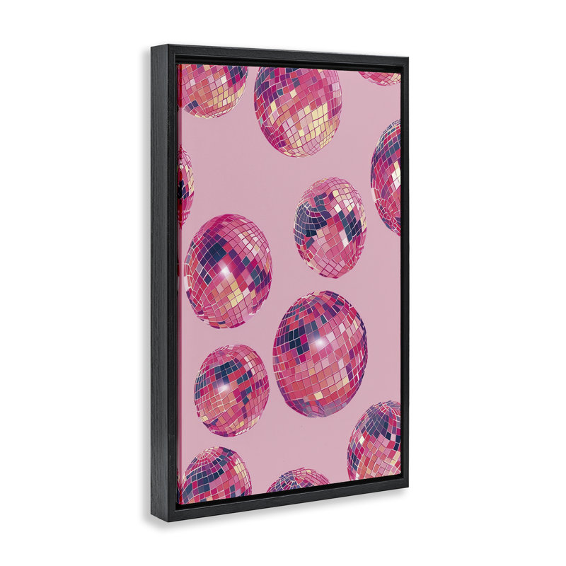 Vivid Pink Disco Pattern Floating Frame, design by LSR Design Studio, Jet Black Floater Frame, 25" H x 17" W
