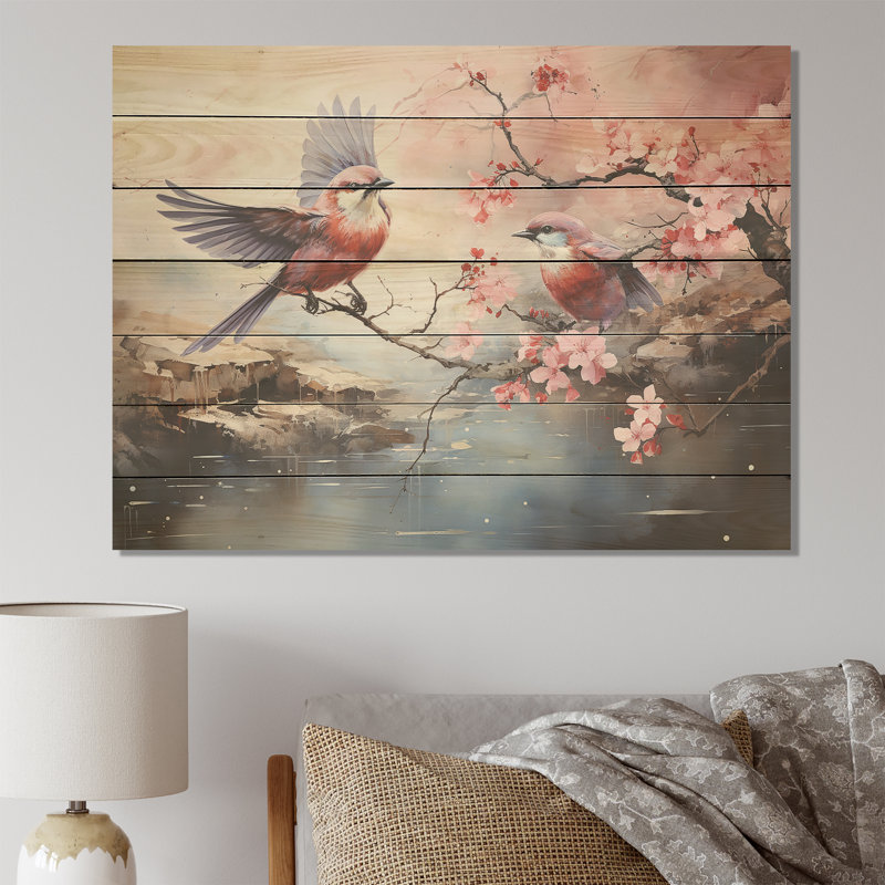 Vol de cerisier japonais en fleurs II - impression d'oiseau sur bois, H 10 po x l 20 po