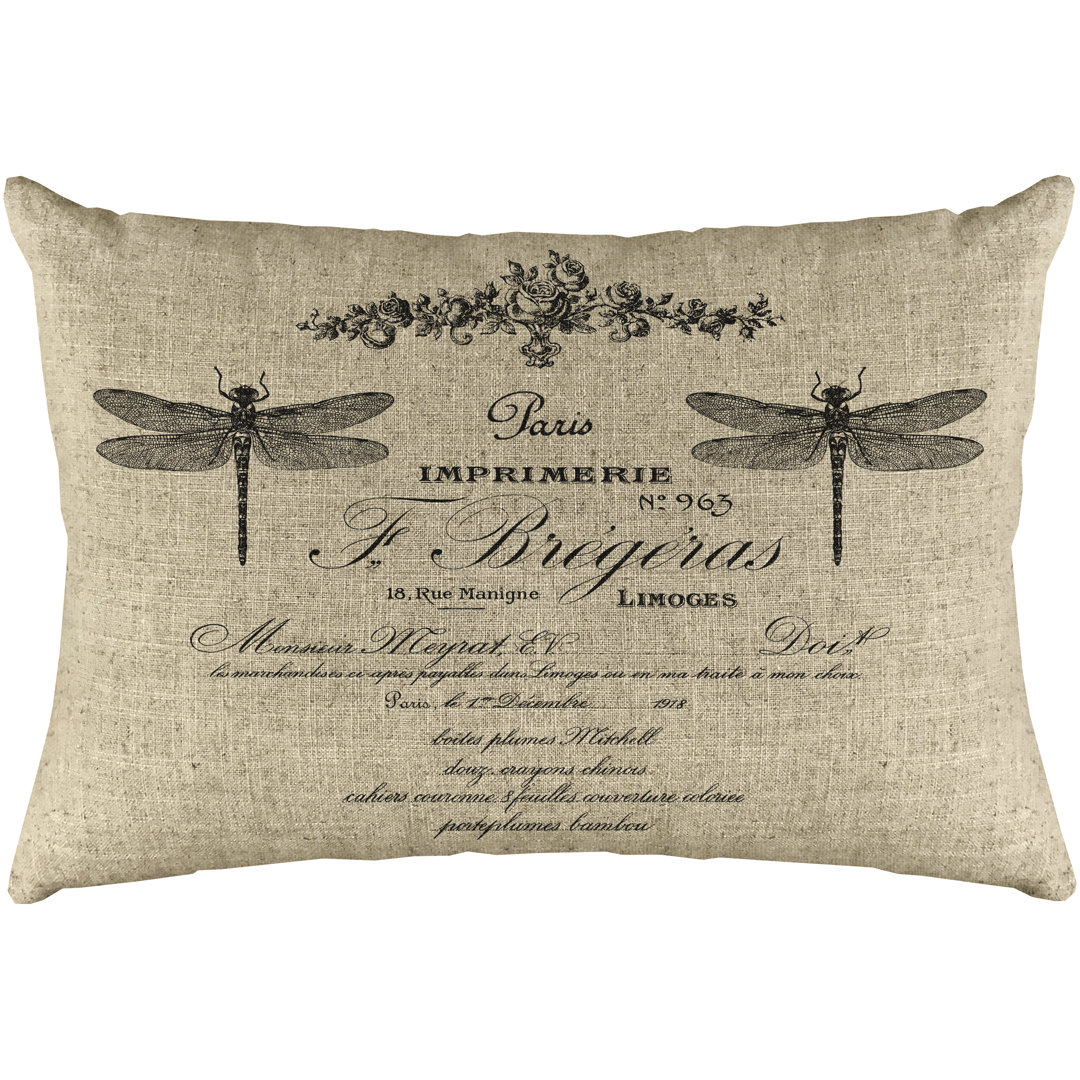 French Dragonfly Linen Lumbar Pillow TheWatsonShop