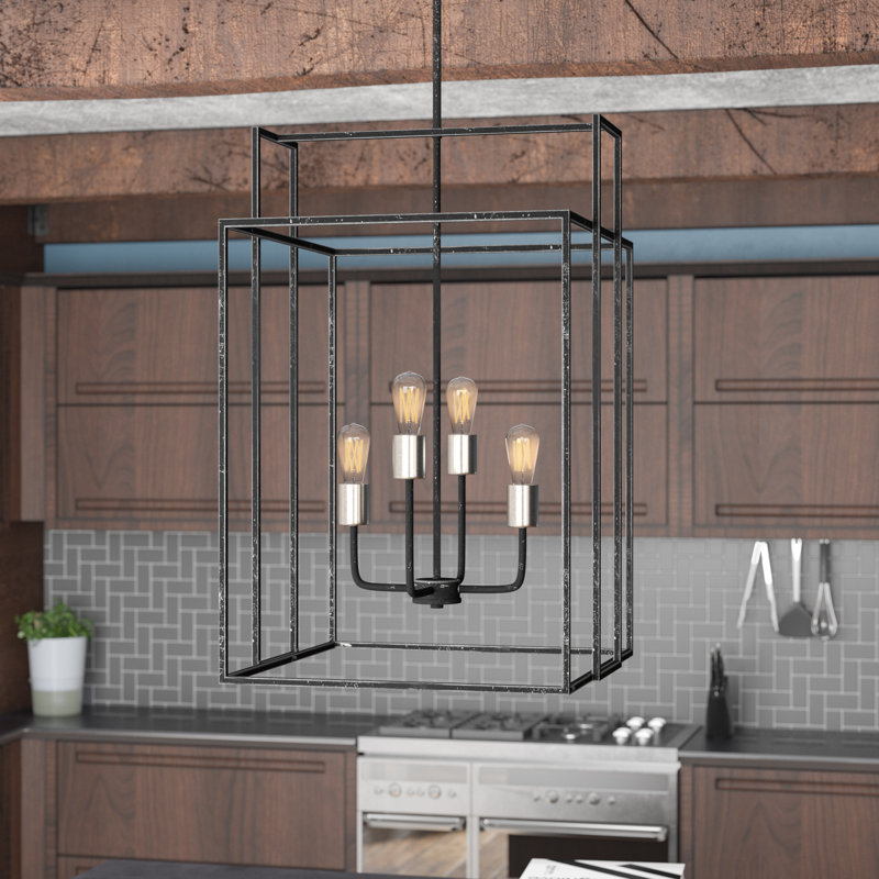 Lustre rectangulaire unique à 4 lumières Larchmont, Fer noir / Nickel brossé