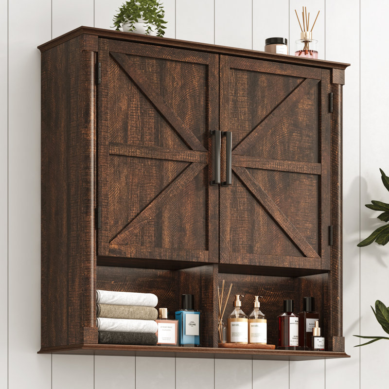 Farmhouse Bathroom Storage Cabinet, Double Wooden Bathroom Wall Cabinet With Roman Column Decor, Medicine Cabinets With Barn Doors, Wall Mounted Storage Cabinets For Kitchen