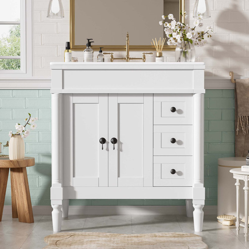 30" Single Bathroom Vanity With Ceramic Top, Black, White