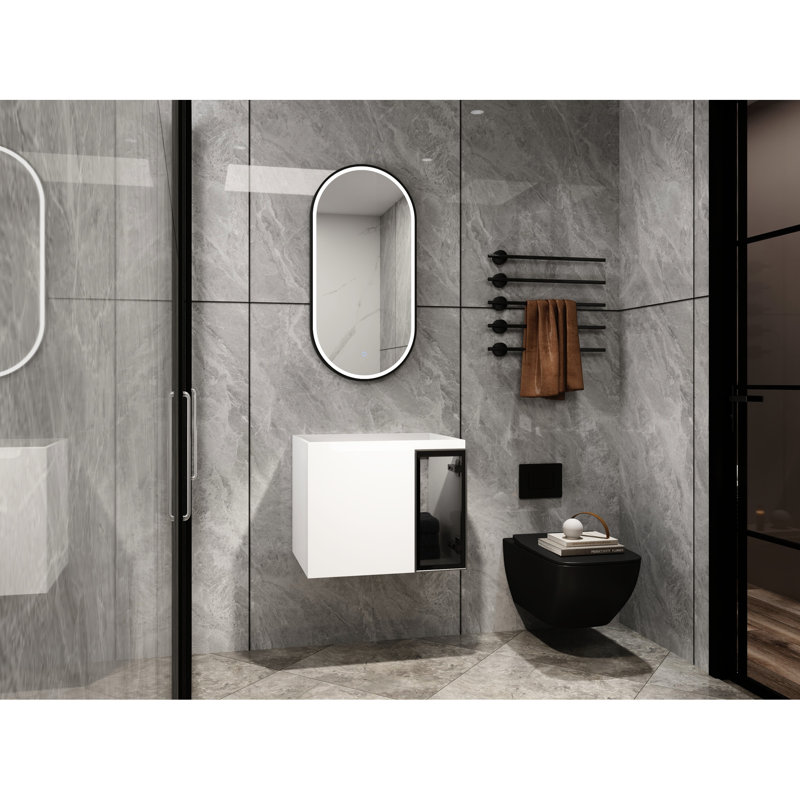 Meuble-lavabo mural 24 po pour la salle de bain, 2 portes à fermeture douce, armoire blanche brillante, 1/2 porte en verre gris, base en contreplaqué, garniture de rangement, évier exclu, meuble-lavabo pratique pour la salle de bain, finition de fermeture,