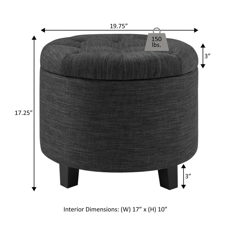 Amable 19.75" W Leather Round Storage Ottoman, Black Faux Leather