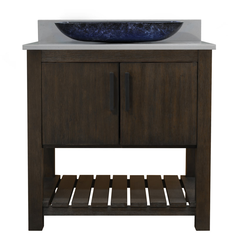 Meuble-lavabo simple de 36 po avec comptoir en quartz gris orage, vasque en verre peint et quincaillerie noir mat, Noir mat