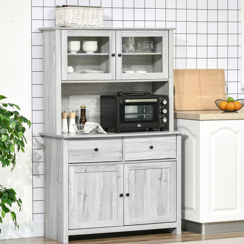 Armoire de garde-manger avec rangement supplémentaire pour casseroles Pots, 63,5 po de hauteur, 4 tablettes, tiroirs, gris cendré, maximise l'espace de la cuisine, portes en verre encadrées, comptoir à micro-ondes ouvert
