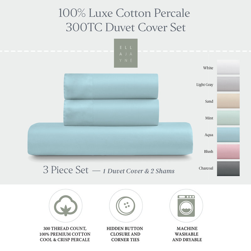 Ensemble de housse de couette 100% coton EJ Classic Premium, respirant, frais et frais, Turquoise