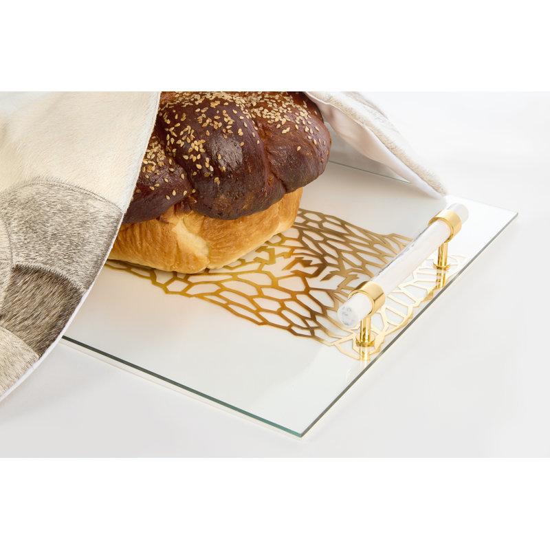 Acrylic Challah Tray With Cylinder Handles, Gold/White/Black