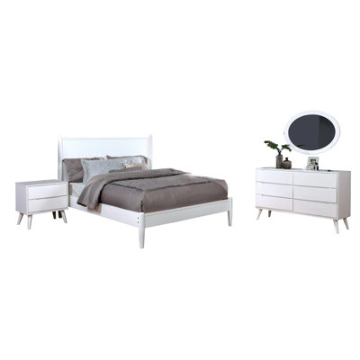 Ensemble de chambre à coucher pour lit simple 4 pièces Leyla, commode avec miroir ovale, bois blanc