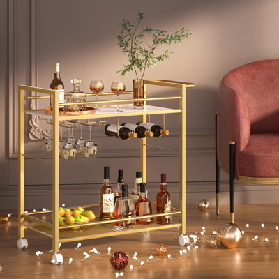 Chariot de bar, chariot de service de bar avec tablettes de rangement, chariot à boissons sur roulettes à 2 niveaux, chariot à vin moderne avec support à vin et porte-verre pour la cuisine, le salon, la salle à manger