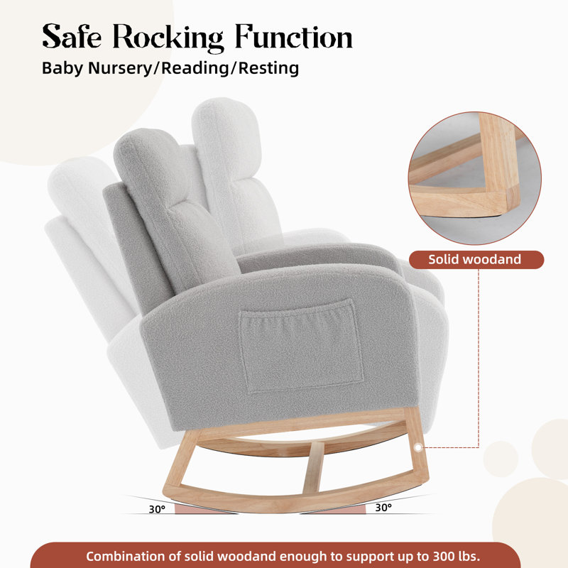 Chaise berçante moderne - dossier haut, accoudoirs, poches latérales, détails en molleton, pieds robustes en bois, Gris