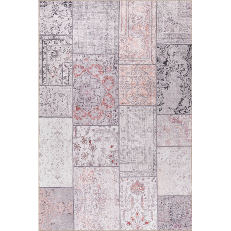 Tapis décoratif gris en patchwork gris, Rond 7 pi 7 po