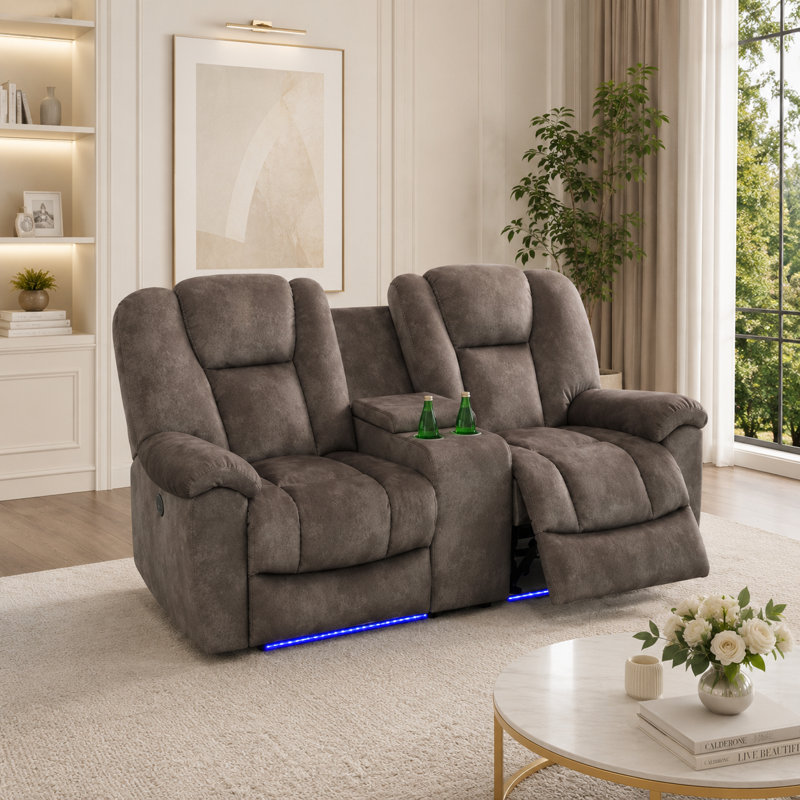 Canapé inclinable électrique Colberta de 72,5 po de large en tissu haut de gamme avec console de rangement, porte-gobelets, port USB et éclairage DEL bleu