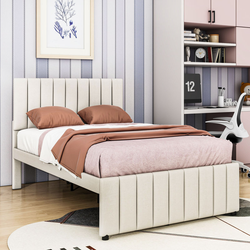 Lit plateforme tapissier avec lit gigogne et 3 tiroirs, Beige, Complète