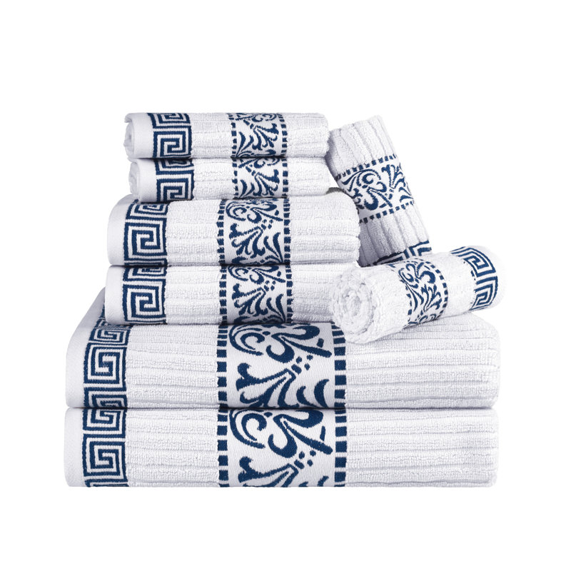 Athens Navy Blue Cotton 8-Piece Towel Set with Greek Key Trim