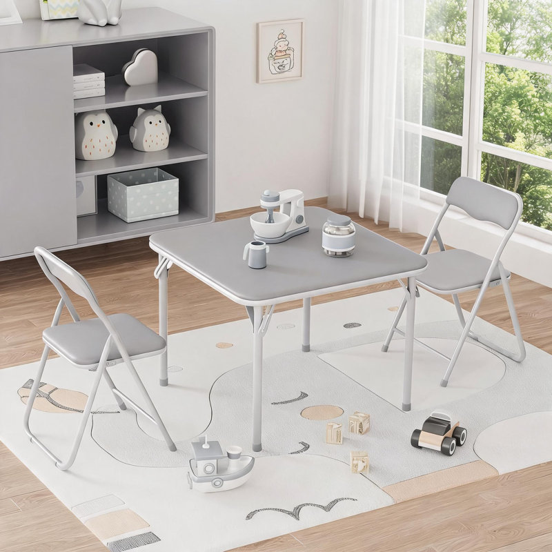 Ensemble de 3 tables pliantes et chaises pliantes avec coussins moelleux en polyuréthane, Gris, Gris, Gris