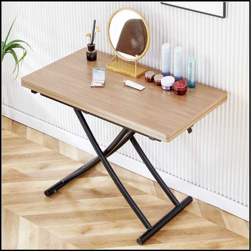 Table élévatrice multifonctionnelle avec plateau en grain de bois pliable - hauteur réglable, pieds en métal noir, habillage / café / salle à manger / bureau
