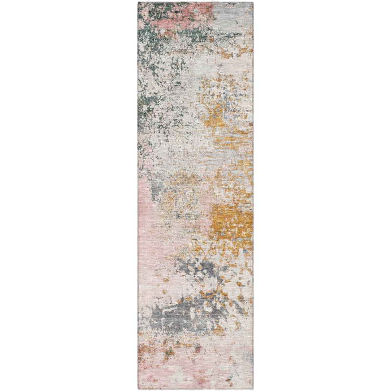 Premium Machine Washable Mayfield AMF2070 Abstract Rug, 2'3" x 7'6" Runner, Pink