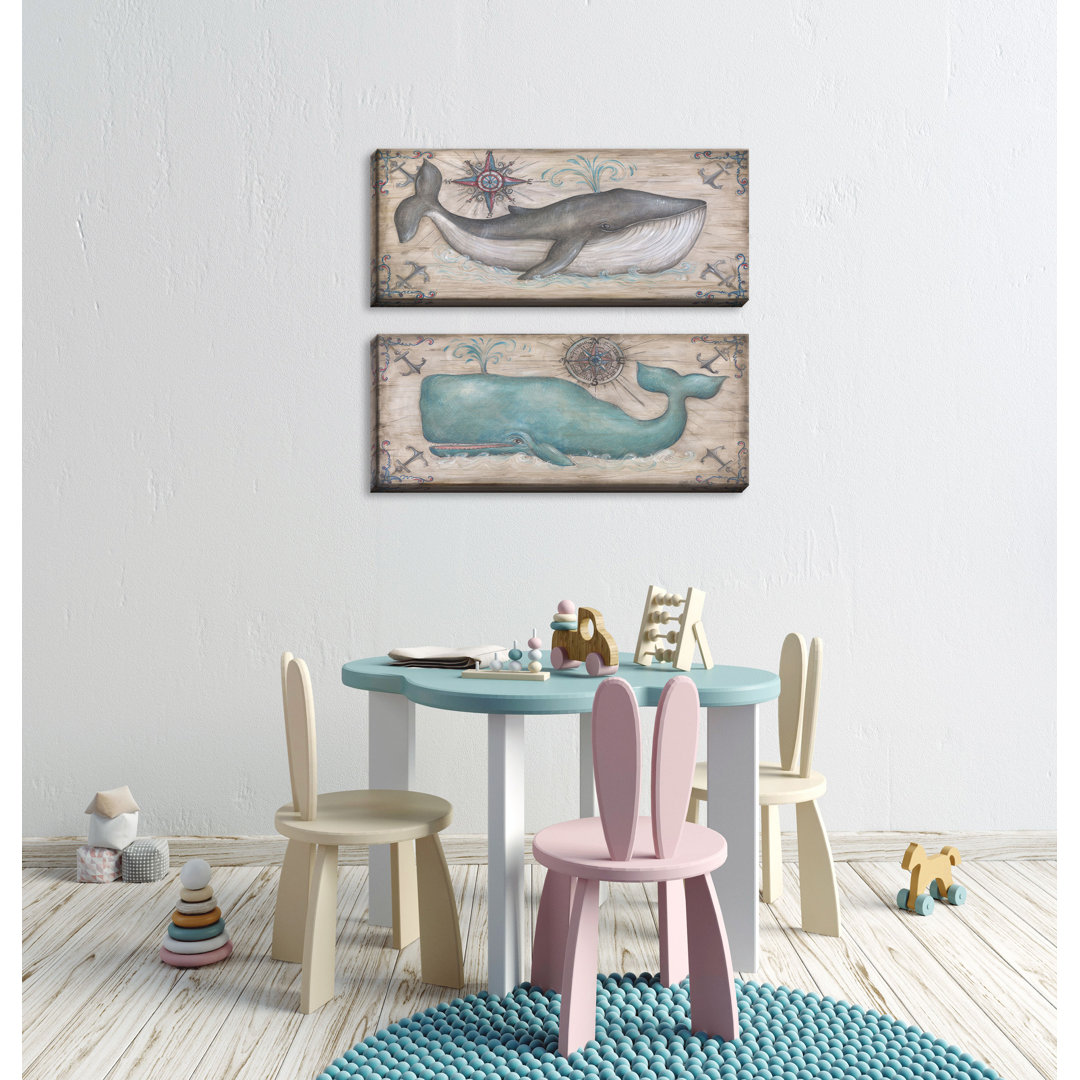 Cute, Retro Gray and Teal Whale by Kate McRostie - 2 Piece Print Set on Canvas (Set of 2) Rosecliff Heights 