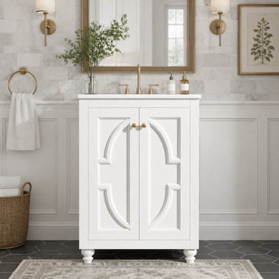 Meuble-lavabo moderne de 61 cm (24 po) avec lavabo en céramique, motif elliptique orné et pieds français sculptés, charnières à fermeture douce, structure arrière ouverte avec tablette réglable