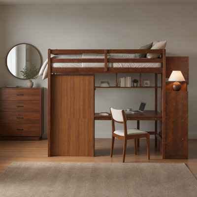 Lit mezzanine double en bois avec bureau, étagères à livres et garde-robe avec portes et tiroir, escalier intégré avec tablettes de rangement, lit mezzanine avec garde-corps de sécurité et lattes massives, noyer