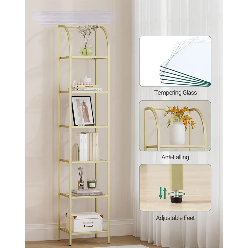 Gold Arched 6-Tier Steel and Glass Bookshelf