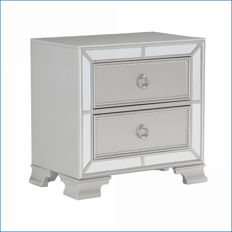 Modern Traditional 2-Drawer Silver Nightstand with Embossed Fronts