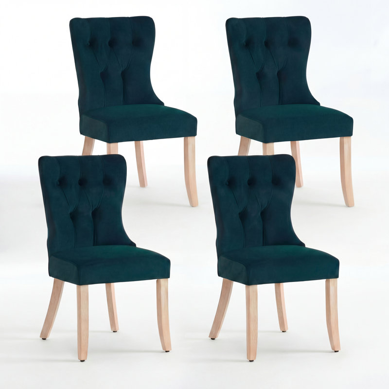 Upholstered Dining Chair With Button - Tufted Back & Wooden Legs(Set Of 4), Green, 4