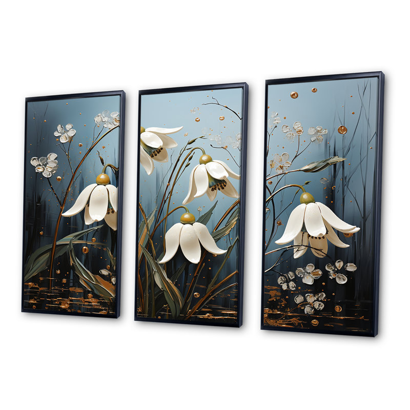 «Snowdrops Moonlit Whispers III - Snowdrops», ensemble d'art mural, Cadre flottant noir, H 40 po x l 60 po x P 1 po