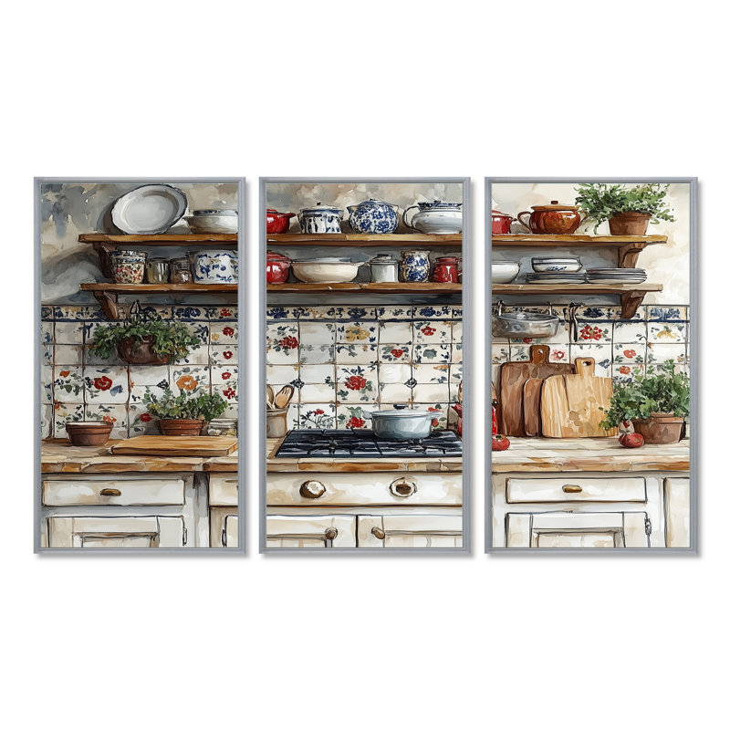 Country Kitchen Rustic Dream II - ensemble de reproductions d'art mural de cuisine, Toile argentée avec cadre flottant