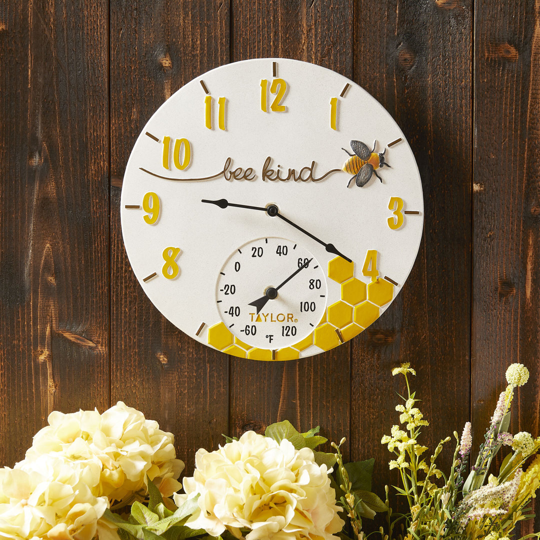 Taylor Bee Kind Poly Resin Clock and Thermometer, 14 Inch, Multi-Color Taylor