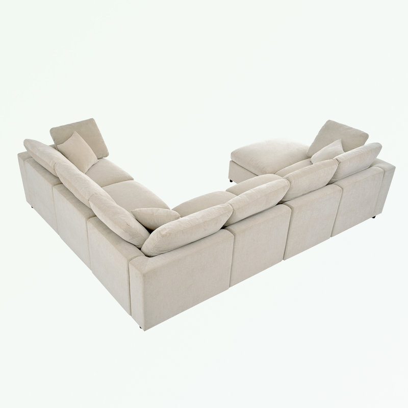 Canapé modulaire modulaire en chenille avec repose-pieds mobile, Chenille beige