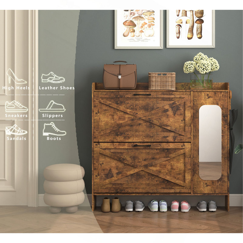 Shoe Storage Cabinet With 2 Flip Drawers, Freestanding Organizer With Metal Legs For Entryway, Narrow Shoe Rack Cabinet, Rustic Brown