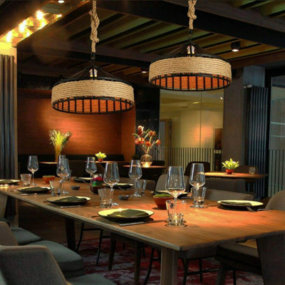 Hemp Rope Ceiling Pendant Lighting Industrial 30cm wooven Wire cage Metal Lampshade E26 Lamp Holder 100cm Adjustable Hanging Light Fitting for Living Room, Restaurant, Bar, Café