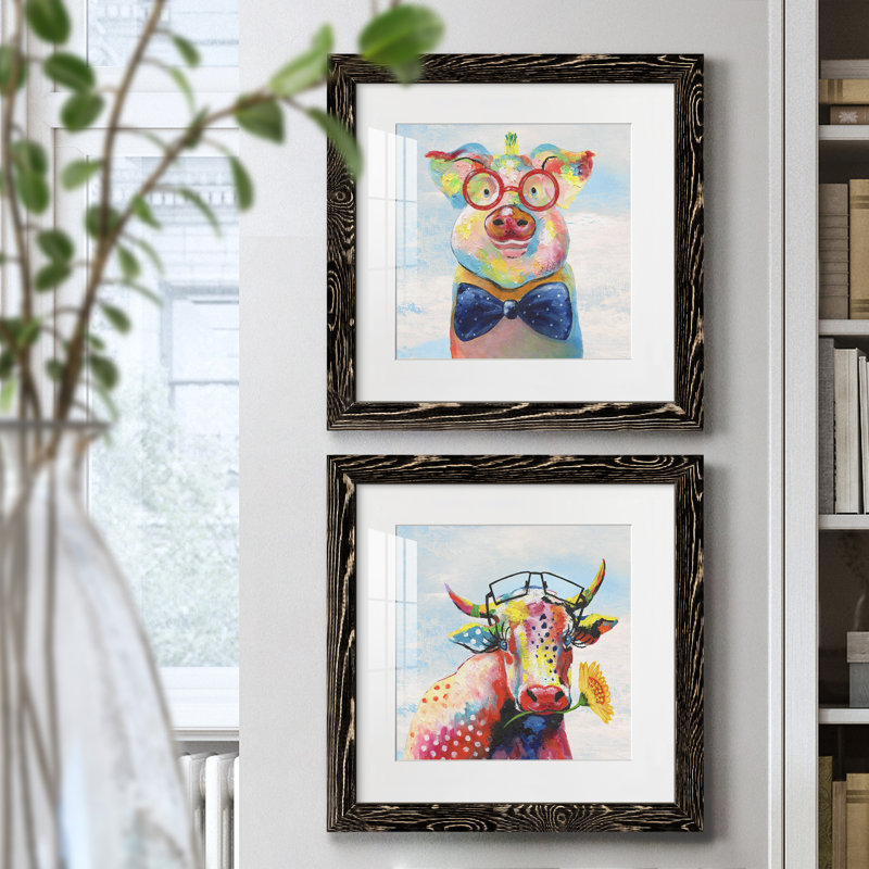 Groovy Pig and Sky - ensemble de 2 peintures, Papier encadré noir, H 40 po x l 40 po x P 1,5 po