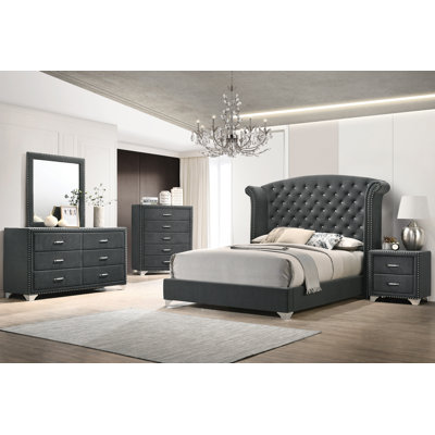 Janziel Upholstered Wingback Bed in Gray