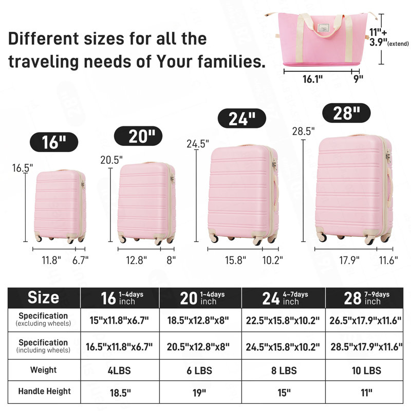 Valise Hardshell 4 pièces + valise à roulettes avec verrou TSA - Bagages légers de 16 po + 20 po + 24 po + 28 po, Rose clair