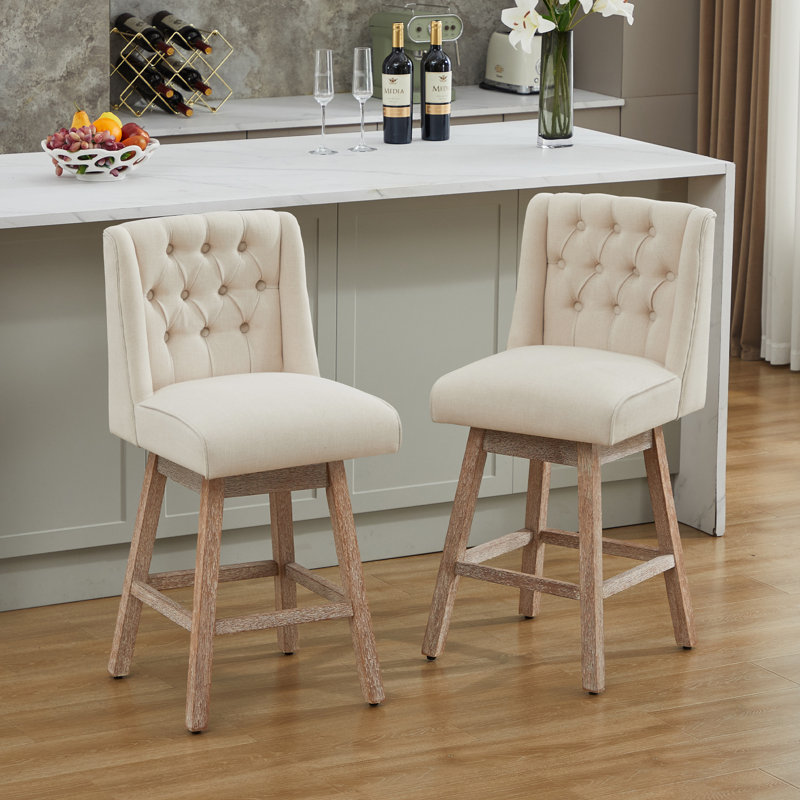 Terron 360° Swivel Upholstered Bar Stools with Wood Legs, Beige, Counter Stool (26" Seat Height)