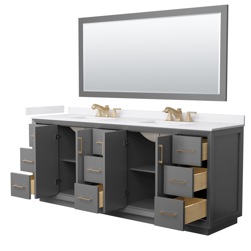 Strada 84" Freestanding Double Bathroom Vanity with Cultured Marble Top, Gray, Satin Bronze