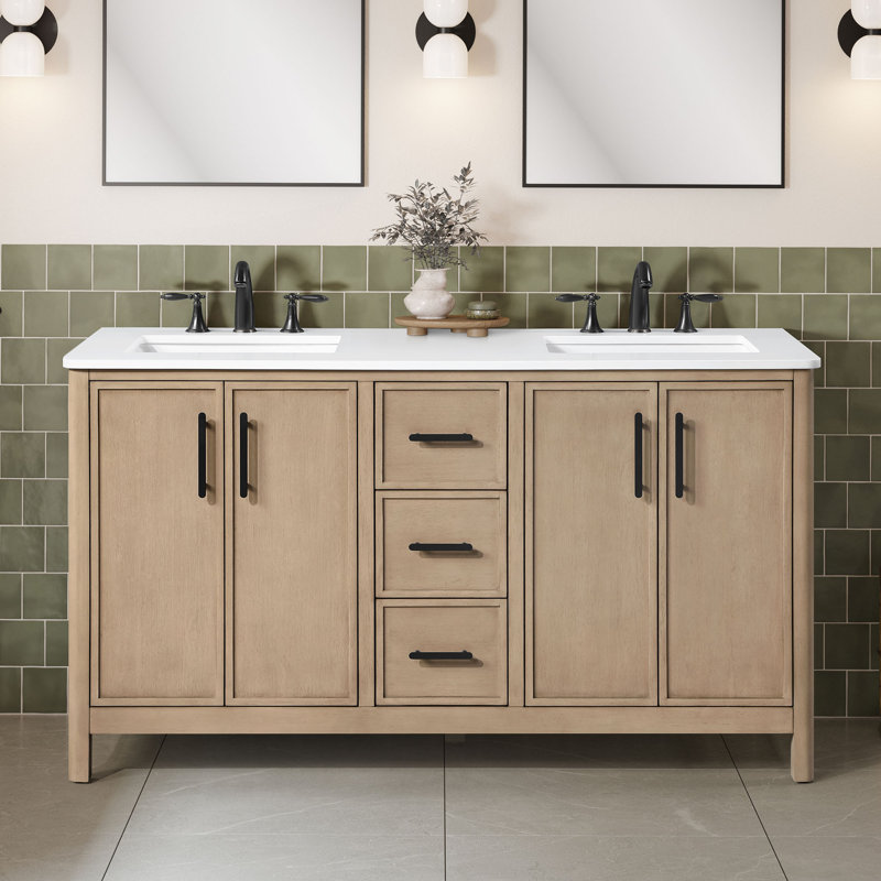 OVE Decors Solas 60 In. Double Sink Freestanding Sahara Birch Bathroom Vanity With White Engineered Stone Top, 60"