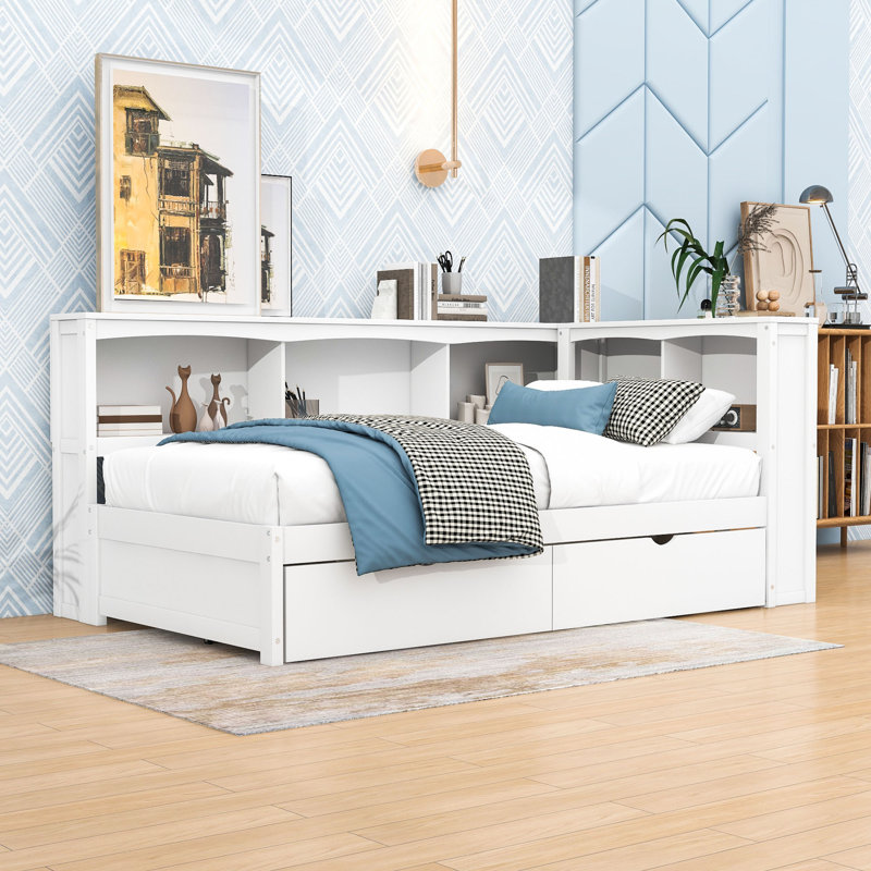 Twin Size Daybed, Built-In Storage, and Charging Station, White, Drawers