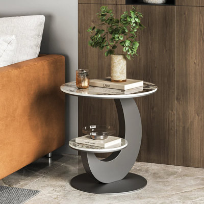 Sintered Stone Side Table 2 Tier Round End Table Living Room