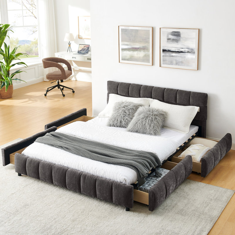 Grand lit plateforme tapissier gris foncé avec rangement pour tiroir - Revêtement paisible et tête de lit Relax, Gris foncé