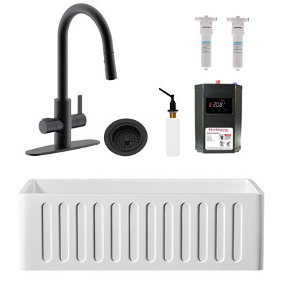 Évier de cuisine à tablier réversible à cuve simple 30 po avec robinet, filtre et accessoires