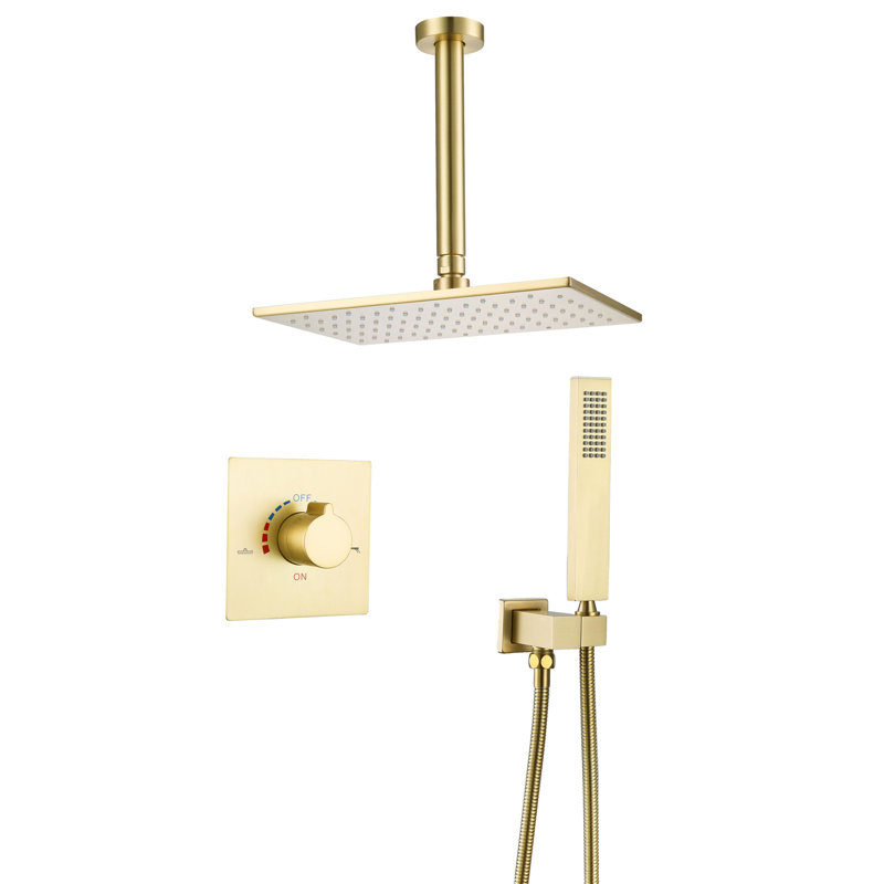 Système de douche complet au plafond avec valve brute (avec boîte encastrée), Or brossé