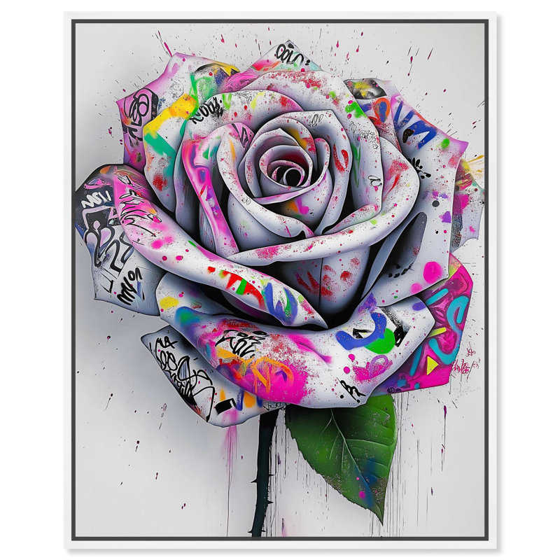 «Graffiti Rose Canvas Urban Glam Prints» par Art Remedy, H 46 po x l 37 po, Cadre flottant blanc