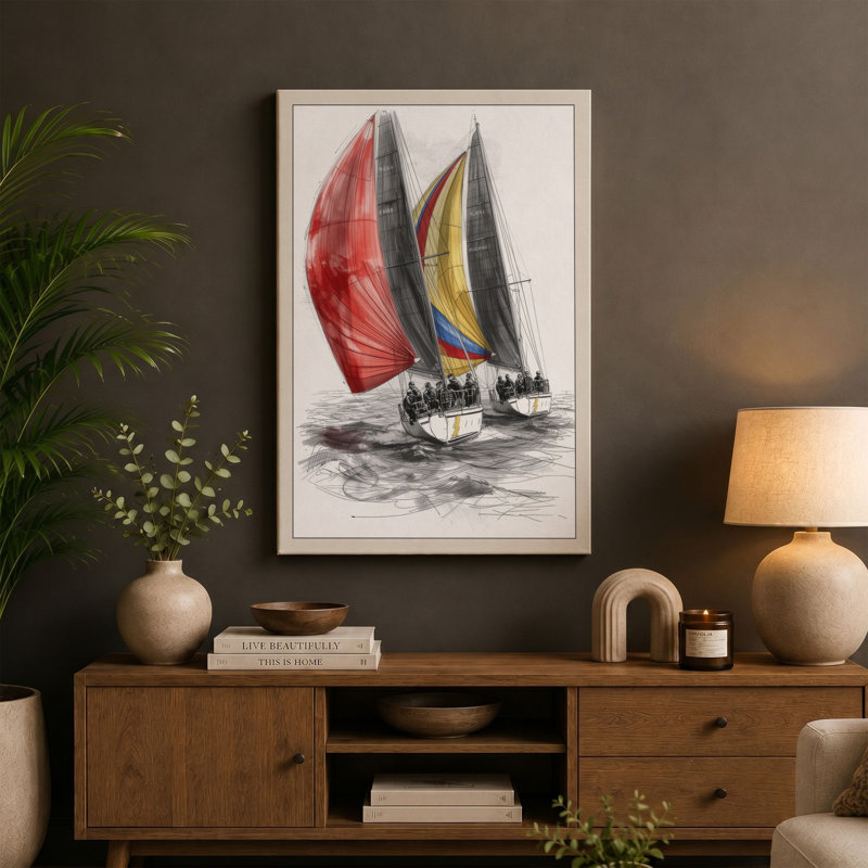 Heeling Sailboats Nautical - Wrapped Canvas, 24x16 - 61.0 x 40.6 cm, Terracotta Border