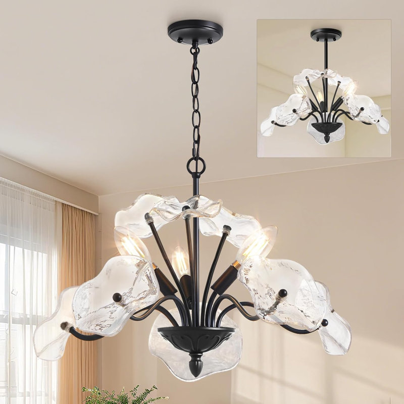 Lustre convertible 3 lumières rétro avec abat-jour en verre floral, plafonnier à hauteur réglable, Noir mat