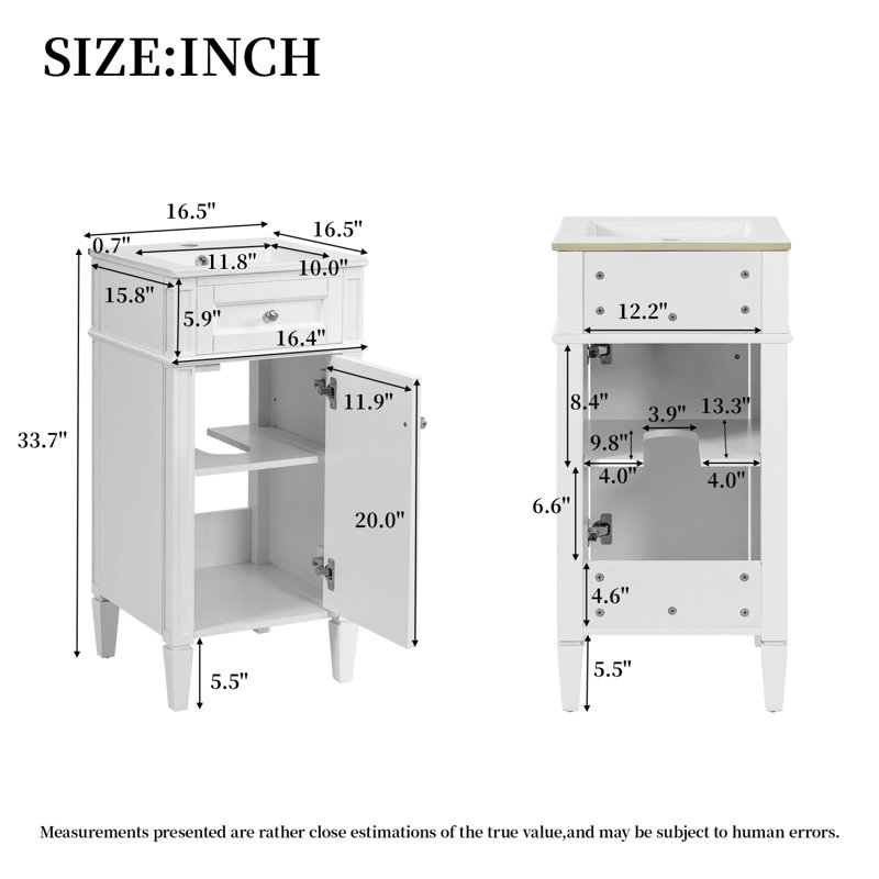 Meuble-lavabo autoportant de 16 po avec porte à fermeture douce, Blanc